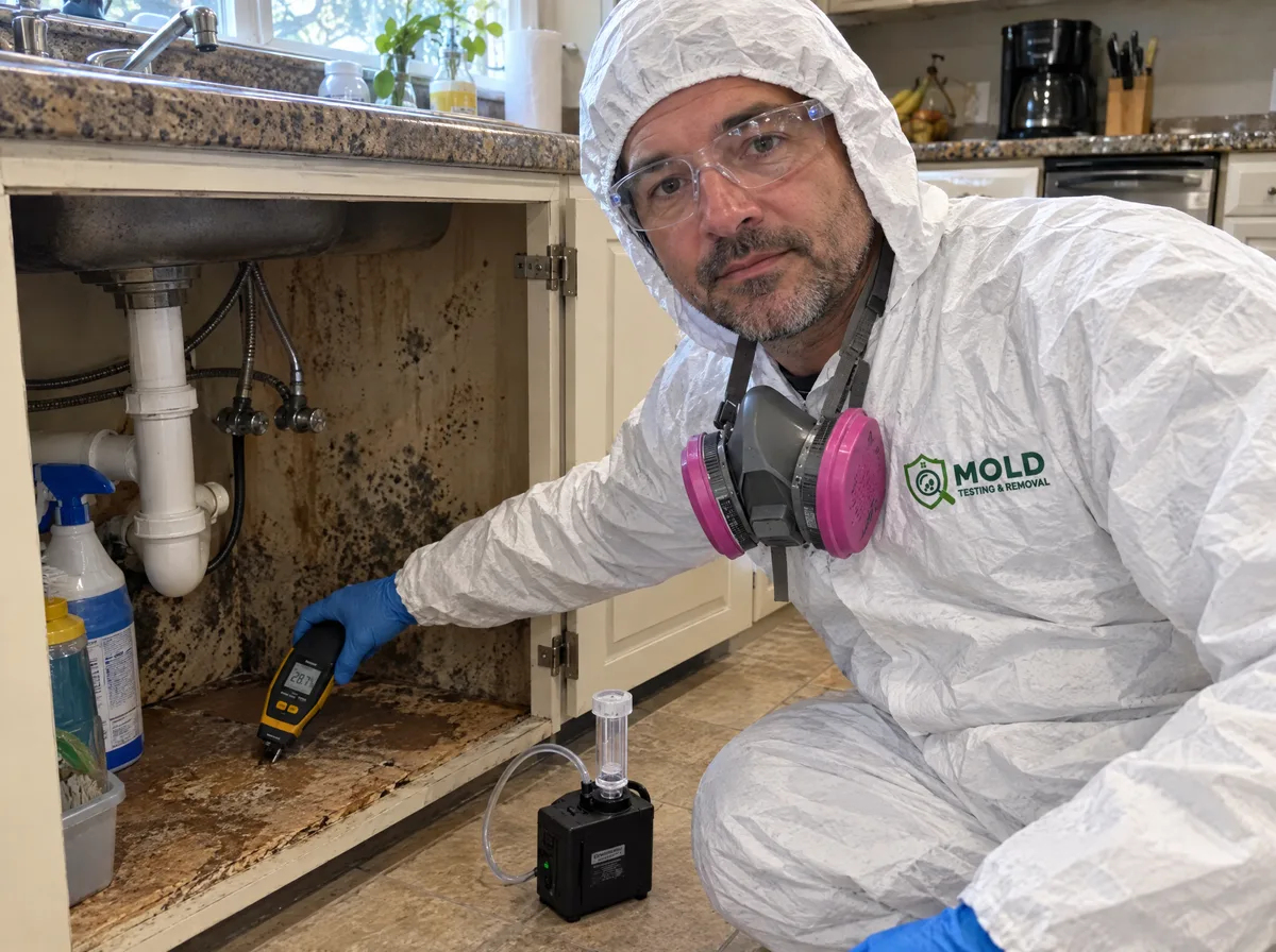 Mold inspector in a protective suit checking a water-damaged kitchen sink cabinet with a moisture meter while an air sampling pump runs beside him
