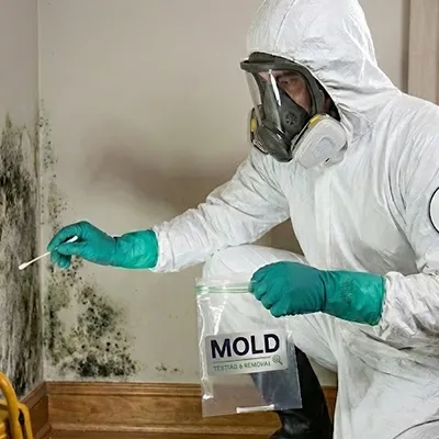 Mold inspector in a protective suit taking samples during mold testing in Philadelphia